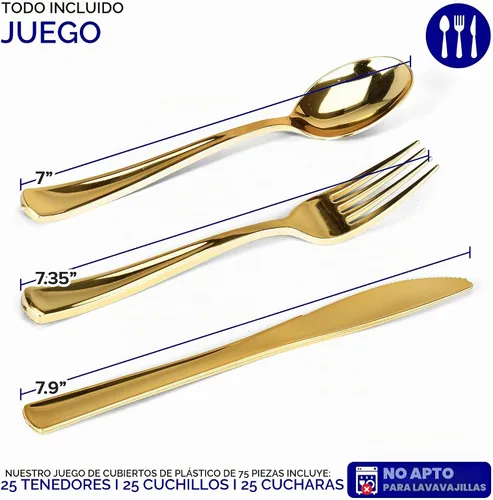 Vista 2 de Juego de cubiertos de plástico resistente (dorado) de 75 piezas, juego de cubiertos desechables, ideal para fiestas, bodas y catering, cubiertos