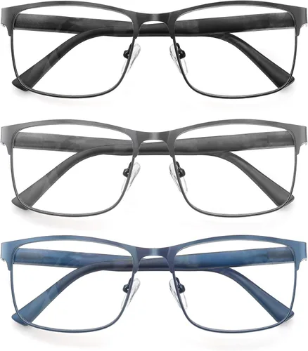 Vista 2 de Gafas de lectura para hombre, bloqueo de luz azul, lentes cuadrados de metal con bisagra de resorte, paquete de 3 unidades, anti rayos azules