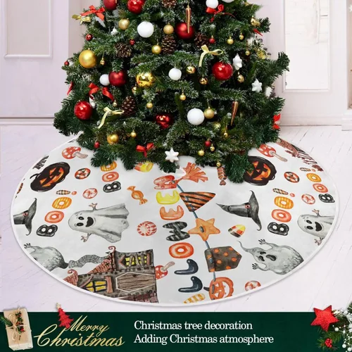 Vista 6 de Falda de árbol de Halloween, calabaza, fantasma, casa de caramelos, tapete para árbol de Navidad, falda de árbol grande, almohadilla redonda