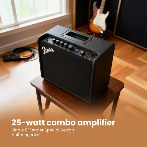 Vista 5 de Fender Mustang LT25 - Amplificador combinado de guitarra con cable y paquete exclusivo de púas de 12 piezas de Austin Bazaar