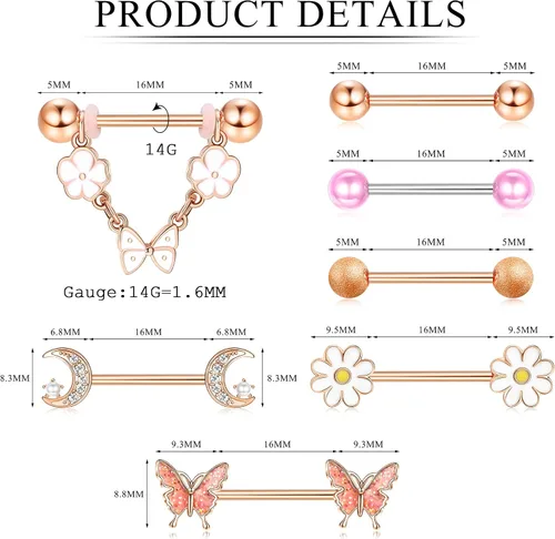 Vista 2 de BESTEEL 7 pares de anillos de pezón de 14 G para mujer acero quirúrgico para pezón joyería de circonita cúbica mariposa margarita flor lengua barra