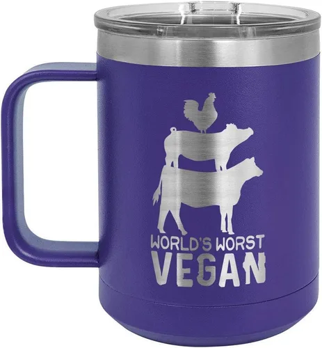 Vista 10 de Worlds Worst - Taza de café vegana negra de 15 onzas con tapa superior deslizante, taza de café de viaje aislada Idea de regalo para barbacoa