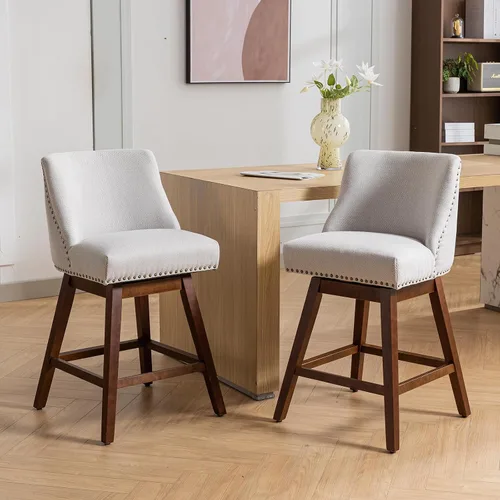 Vista 2 de Juego de 2 taburetes de bar giratorios modernos, taburetes de bar de 26.6 pulgadas de altura de mostrador beige con respaldo para isla de cocina