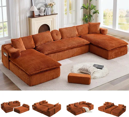 Vista 25 de Sofá grande sin hueso de 125 pulgadas con diván, moderno sofá modular con asiento profundo, sofá tapizado de pana en forma de U para sala de estar