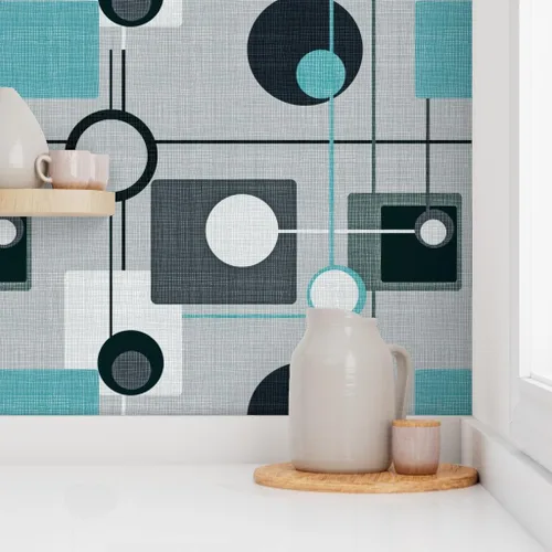 Vista 8 de Papel tapiz para despegar y pegar – Orbs Squares Grey Aqua Black White Vintage Blue Retro Circles Papel pintado personalizado extraíble por