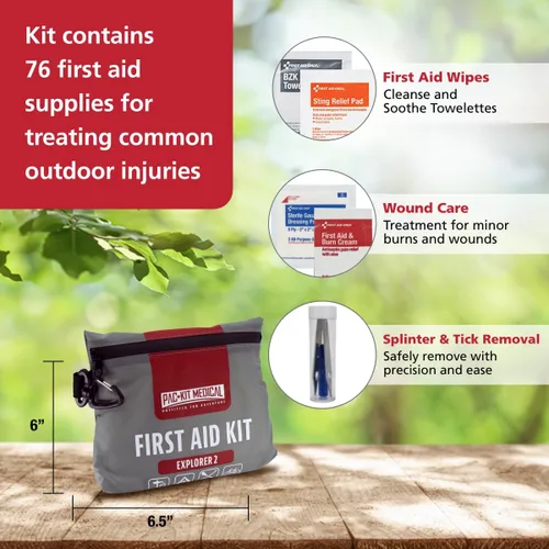 Vista 6 de Pac-Kit - Kit de primeros auxilios impermeable Explorer 2 para senderismo, camping y actividades al aire libre, 76 piezas