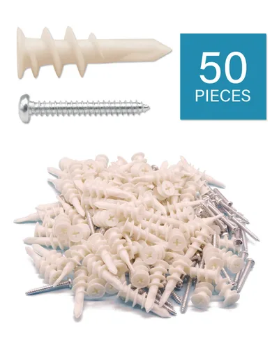 Vista 2 de 50 anclajes de plástico autoperforantes para paneles de yeso, kit de anclajes y tornillos de pared #8, 25 anclajes autorroscantes y 25 tornillos