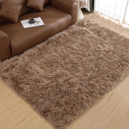 Vista 50 de Goolela Alfombra esponjosa de piel sintética para dormitorio, color marrón claro beige, 2 x 3 pies, alfombra de piel de oveja peluda y difusa