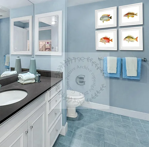 Vista 4 de Juego de 4 impresiones artísticas de peces tropicales sin marco, color arco iris, decoración de baño de playa y pescado_4A