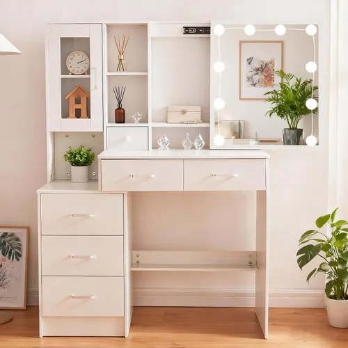 Vista 12 de Escritorio blanco cálido con espejo iluminado LED, mesa de tocador de maquillaje con armario izquierdo iluminado, 6 cajones y taburete, tocador