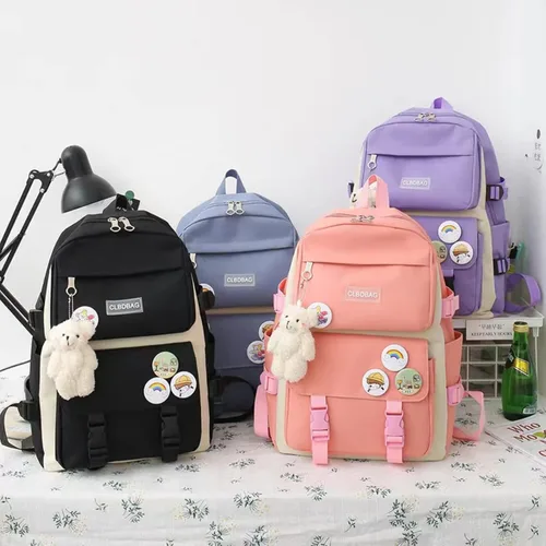 Vista 7 de Teslawi Kawaii - Juego de 4 mochilas estéticas de 17 pulgadas, con colgantes Kawaii, bolsa cruzada, estuche para lápices, bolso, Negro -, Mochila