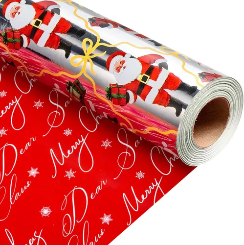 Vista 23 de Homeral Rollo de papel de regalo de Navidad, Papá Noel, muñeco de nieve y lazo y bastones de caramelo rosados, envoltura de regalo reversible
