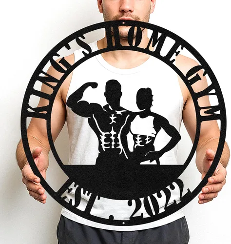 Vista 8 de Cartel de metal personalizado para gimnasio con nombre, arte de pared para sala de entrenamiento en casa, garaje, espacio de fitness, decoración