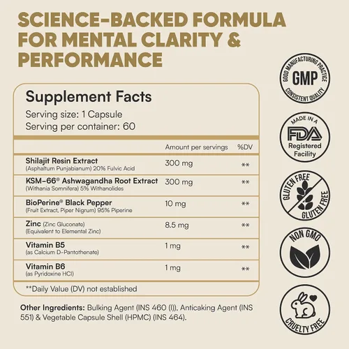 Vista 5 de Suplemento de energía y rendimiento Ignite con Shilajit, KSM-66 Ashwagandha y zinc Fuerza, resistencia y recuperación muscular 60 cápsulas