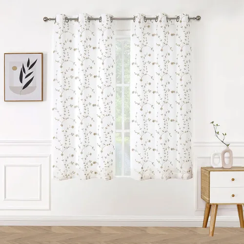 Vista 15 de Bujasso - Cortinas de hojas transparentes de 63 pulgadas, bordadas con flores, estilo granja, cortinas con filtro de luz para ventana, patrón Dorado