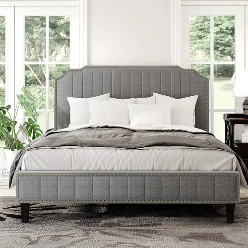 Vista 6 de Base de cama tapizada Queen con cabecero, base de colchón con soporte de listones de madera, cama de plataforma moderna, no necesita somier, fácil