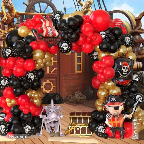 Vista 6 de Decoraciones de fiesta de cumpleaños pirata, 142 piezas de guirnalda de globos dorados metálicos rojos, negros, kit de arco de arco de globos