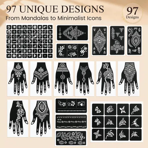 Vista 4 de Koogel Kit de plantillas de tatuaje de henna de 18 hojas, 97 plantillas de tatuaje con brillantina temporal para pintura facial y arte corporal