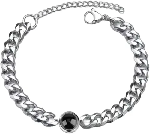 Vista 2 de Pulsera de proyección Hip Hop de moda en 100 idiomas, texto personalizado de cadena cubana, joyería de luz de corazón, regalo de cumpleaños