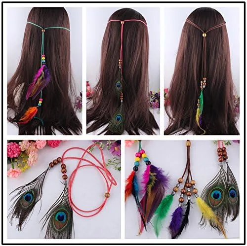 Vista 5 de Eliffete Diadema de plumas de pavo real para mujer, estilo bohemio, con borlas