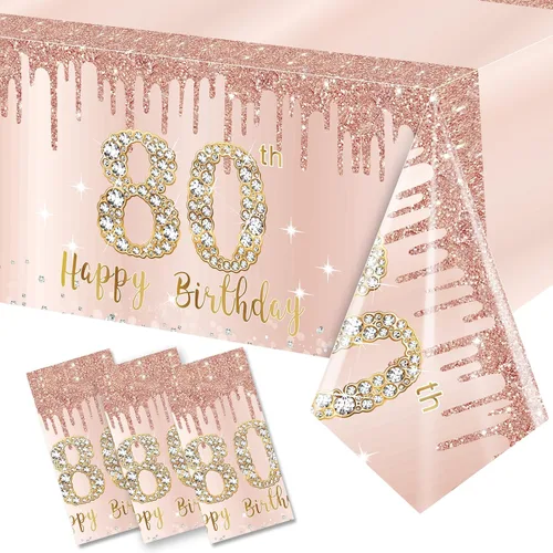 Vista 8 de Pack de 3 manteles de cumpleaños número 70 para mujer, rosado y dorado, mantel de plástico desechable rectangular para fiesta de cumpleaños número