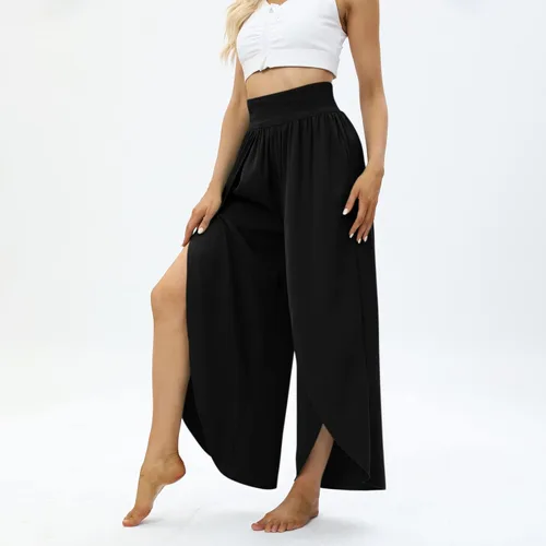 Vista 7 de Pantalones de pierna ancha con abertura y vuelo para mujer, pantalones de yoga de cintura alta, pantalones de pilates hippie, estilo bohemio, playa