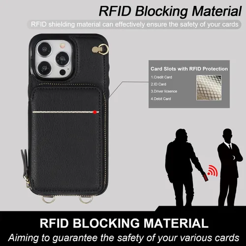 Vista 4 de Bocasal Funda tipo cartera cruzada para iPhone 15 Pro Max, funda de piel con bloqueo RFID y soporte para tarjetas, funda protectora con cremallera