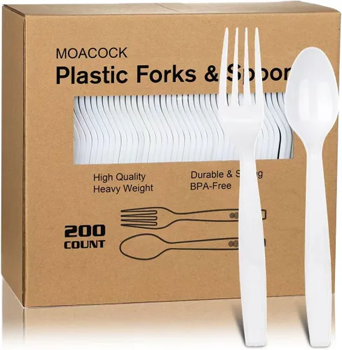Vista 10 de MOACOCK 200 piezas de cubiertos de plástico negro plateado, tenedores y cucharas de plástico de peso pesado, juego de utensilios desechables