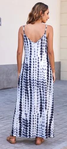 Vista 6 de Supnier - Vestido largo de verano para mujer, vestido flora, informal y bohemio con cuello en V, sin mangas, con tirantes delgados y bolsillos