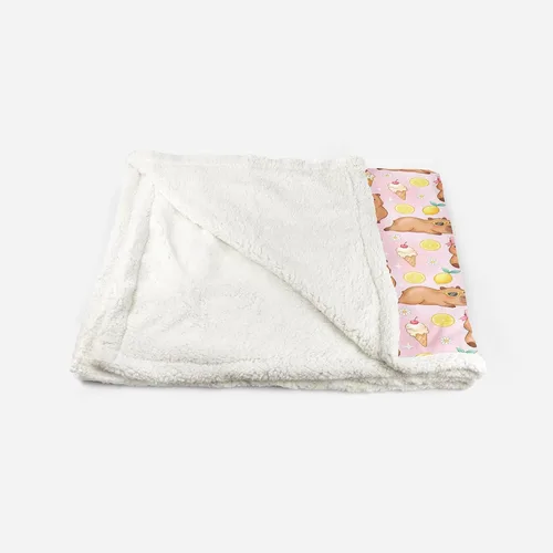Vista 6 de AILONEN Pink Capybara Throw 47"x31" Fleece Sherpa Blanket, Lemon Ice Cream Cartoon Print Printed Throw Blanket, Sweet Room Theme