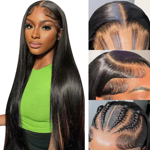 Vista 24 de Mengkai Pelucas de 28 pulgadas de encaje frontal liso de cabello humano, sin pegamento, prearrancadas con cabello de bebé, 13x4 de oreja a oreja