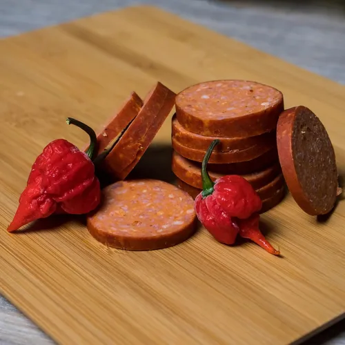 Vista 4 de Pepper Joe’s Salchichón Carolina Reaper de verano – Salchichón ahumado lentamente y picante de verano con el pimiento más picante del mundo y carne
