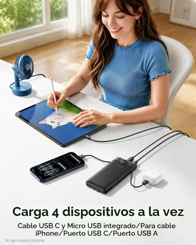 Vista 3 de VEGER Cargador portátil para iPhone con cables integrados y enchufe de pared, batería externa de carga rápida de 10,000 mAh delgada con USB C