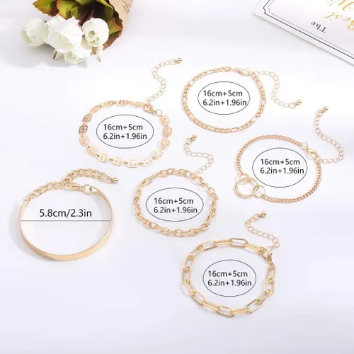 Vista 7 de Pulsera de mano italiana gruesa de oro Figaro con cadena delicada para mujeres y niñas, 6 unidades (dorado), Talla única, aleación