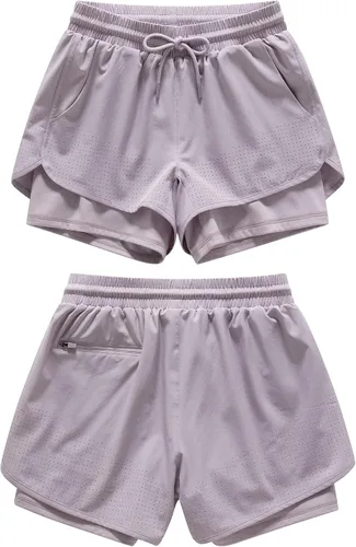 Vista 5 de BENLENGS - Pantalones cortos de yoga para mujer, 2 en 1, con cordón y bolsillo con cremallera