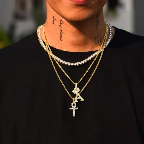 Vista 2 de U7 Collar con inicial de la A a la Z, dije de letra helada con cadena de 22 a 24 pulgadas, para hombres y mujeres, con nombre del alfabeto de hip