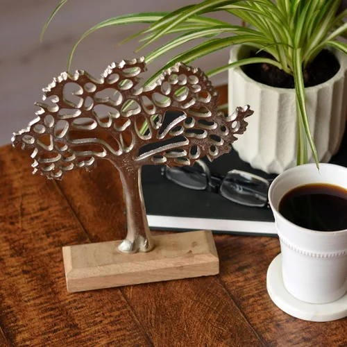 Vista 5 de WHW Whole House Worlds Figura icónica del árbol de la vida, hecha a mano, aluminio plateado, base de madera de mango, 9.75 pulgadas
