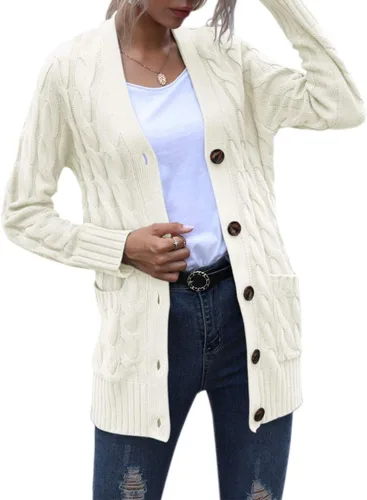 Vista 3 de MEROKEETY - Suéter de punto trenzado y manga larga para mujer, estilo cárdigan abierto al frente, con botones, para otoño, ropa de exterior holgada