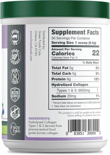 Vista 3 de Green Foods Polvo hidrolizado elevado 7oz de la proteína de los péptidos del colágeno de la pasto alimentado con pasto - 30 porciones