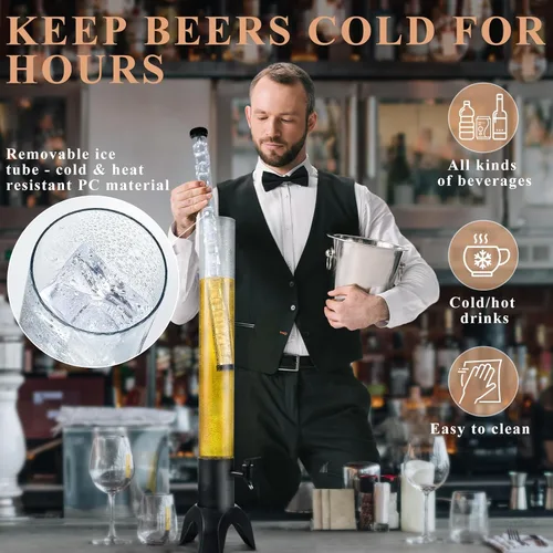 Vista 7 de Torre de bebidas, dispensador de torre de bebidas de 3 litros con tubo de hielo y luz LED, dispensador de cerveza de mesa de 3.17 cuartos de galón