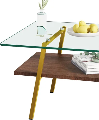 Vista 7 de IANIYA Mesa de centro de cristal para sala de estar, pequeña mesa auxiliar dorada de mediados de siglo para sala de estar con estantes de madera
