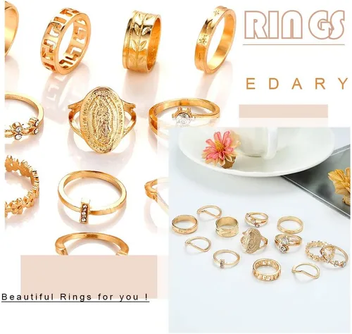 Vista 5 de Edary - Juego de anillos vintage tallados para los nudillos, anillos apilables de piedras preciosas de cristal, juego de anillos para dedo medio