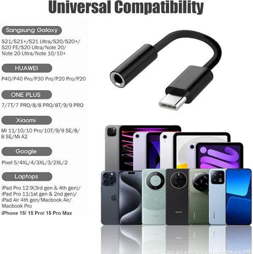 Vista 3 de Fidioto 1 paquete de adaptador de auriculares USB tipo C a conector hembra de 3.5 mm negro, cable de dongle de audio USB C a auxiliar de 16 bits