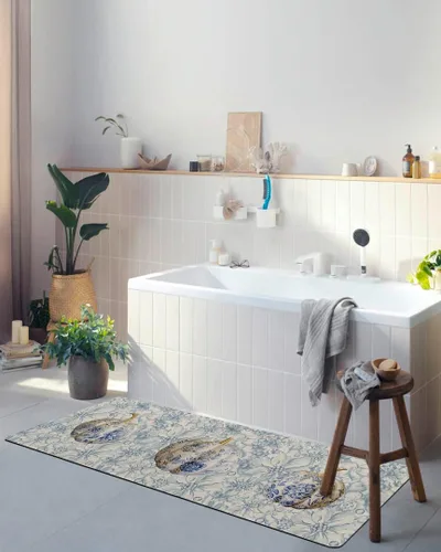 Vista 5 de Tapete de baño con diseño de flores y azulejos de calabazas para bañera, antideslizante, de secado rápido y absorbente, de tierra de diatomeas