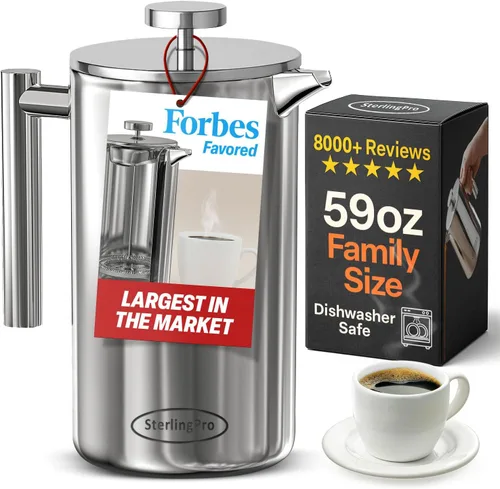 Vista 16 de SterlingPro Cafetera de prensa francesa de acero inoxidable, grande, 1 L (34 onzas), color negro, prensa de café duradera con aislamiento de doble