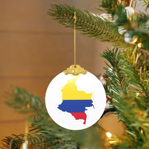 Vista 6 de Colgante redondo de cristal con diseño de mapa de bandera de Colombia con detalles dorados y plateados para colgar la decoración del árbol