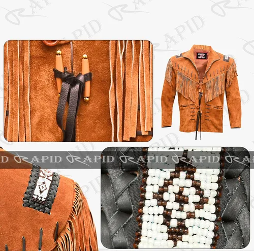 Vista 4 de Chaqueta de cuero vaquero occidental para hombre, gamuza real y flecos, abrigo nativo americano, color marrón tostado, talla 3XL grande RP-786 0