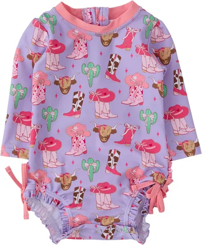 Vista 69 de RuffleButts - Traje de baño de una pieza con protección solar UPF 50+, camiseta de protección floral estampado, manga larga, con cierre zipper