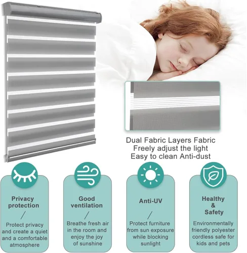 Vista 7 de MYshade Persianas Cebra sin Cordón con Función de Parada Libre - Doble Capa de Filtrado de Luz y Privacidad con Cortinas Translúcidas para Día y Gris