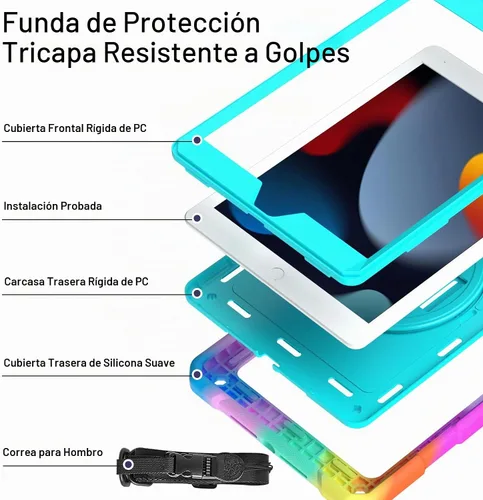 Vista 2 de LTROP Funda para iPad de 9ª/8ª/7ª generación (2021/2020/2019), Funda para iPad de 10.2" a prueba de golpes con correa para el hombro, soporte